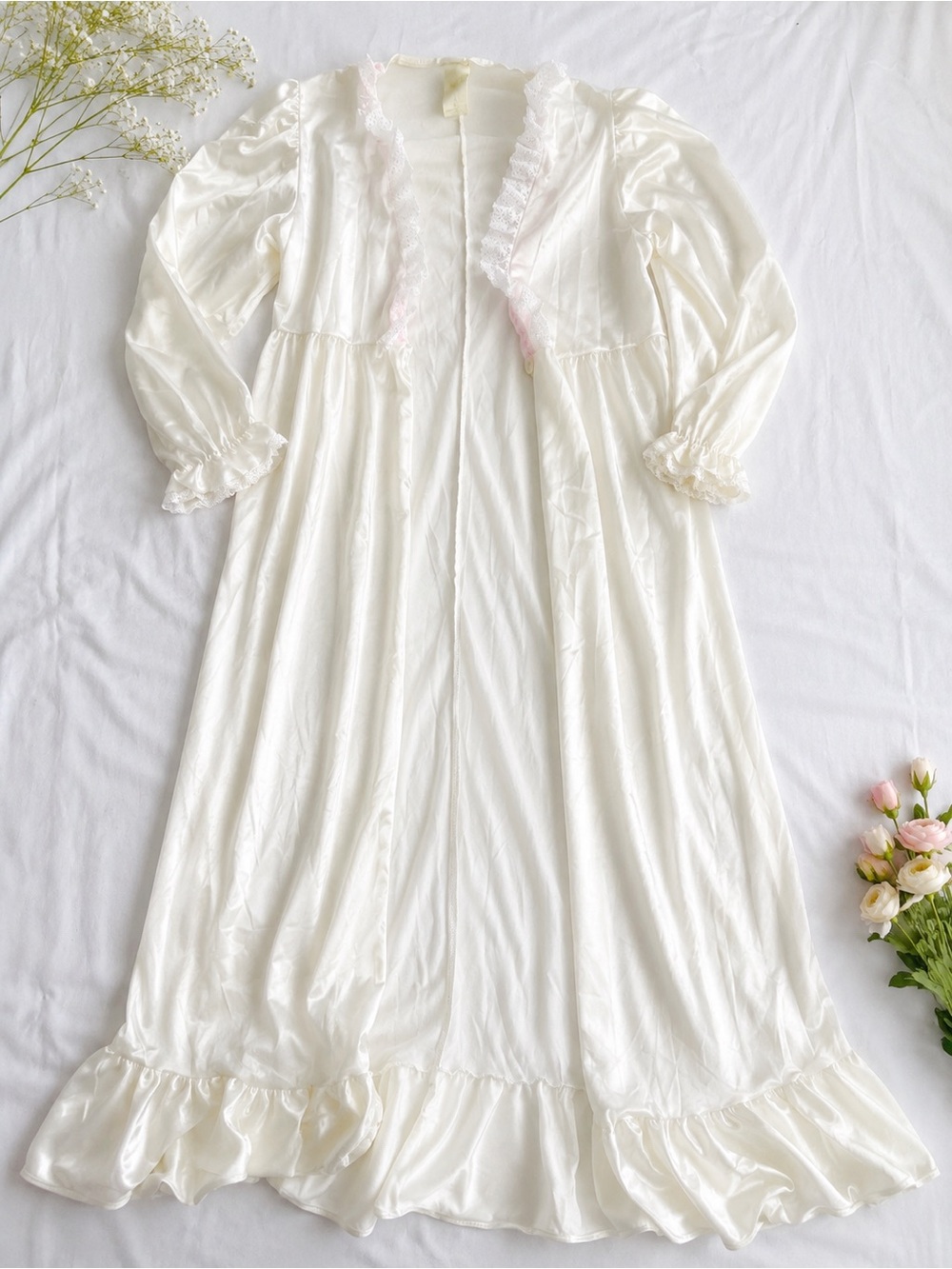 Vintage Ivory Satin Long Robe with Ruffle Trim